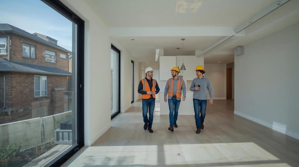 A finished residential project in the Toronto area, captured with a modern, renovated kitchen. Featuring 1–3 workers in proper safety gear engaged in natural interactions like discussing plans, pointing at details, measuring.