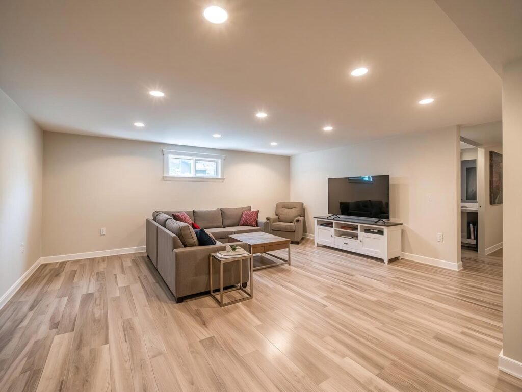 Basement finishing services in Toronto – bright finished basement family room by IFA Contracting