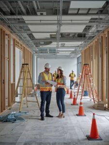 Commercial renovation in a modern office – safe, organized job site with contractor and project manager