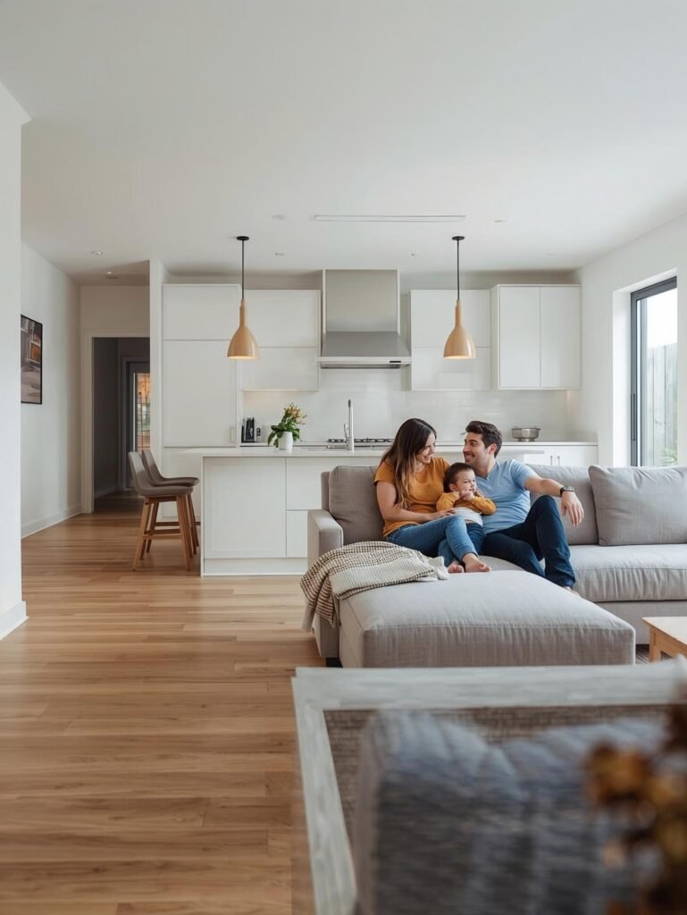 Homeowners enjoying a newly renovated, safe and modern living room in Toronto