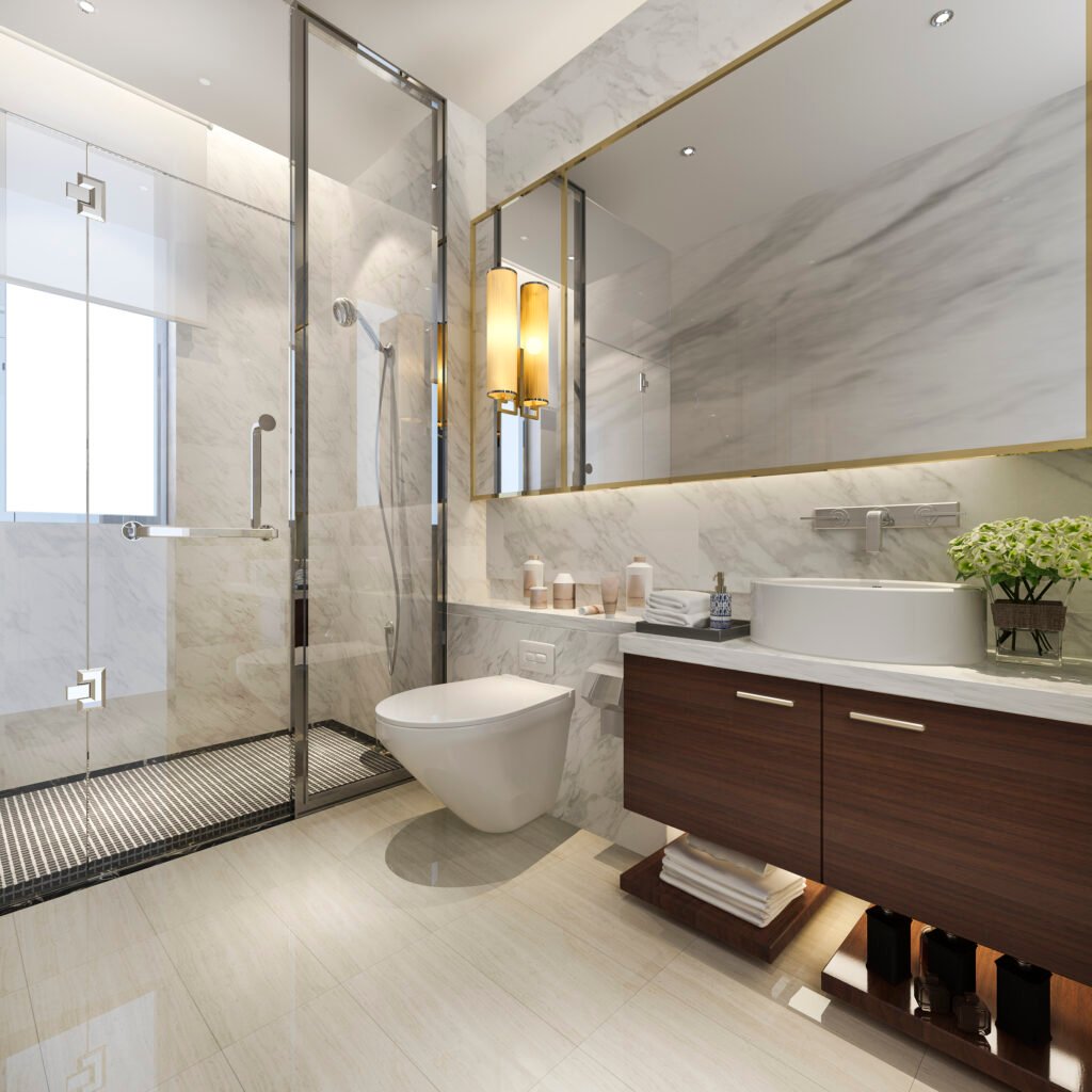 Luxury bathroom with marble tile, glass shower enclosure, floating wood vanity, vessel sink, large mirror cabinet, and wall-mounted toilet.