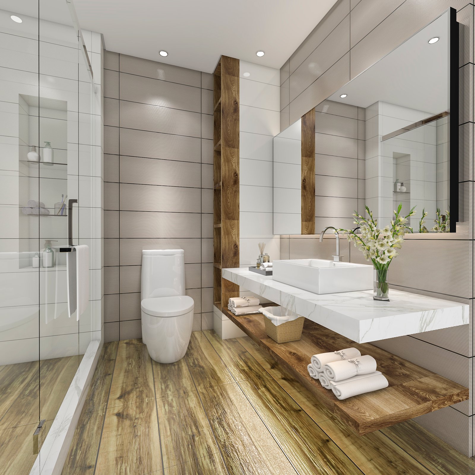 Modern bathroom with glass shower, wood-look tile floor, floating marble vanity, vessel sink, large mirror, and open wood shelving.